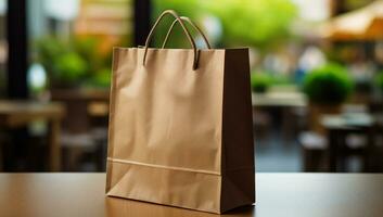 AI generated a brown paper shopping bag that is on the wooden table photo