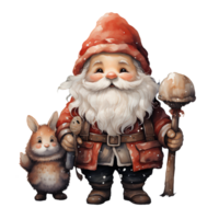 AI generated Watercolor of chubby cute elderly Santa Claus with brown rabbit bunny on transparent. AI Generated png