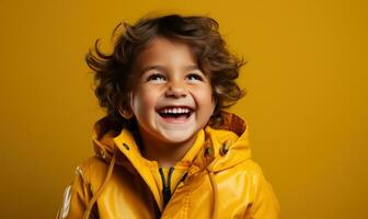 ai generado un niño es en un amarillo chaqueta y es sonriente foto