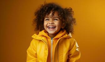 ai generado un niño es en un amarillo chaqueta y es sonriente foto