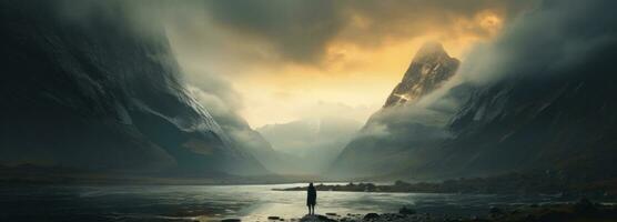 AI generated a person is standing by a waterfall in a mountain background photo