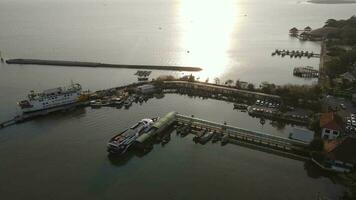 Aerial view of ferry dock in Jepara, Indonesia video