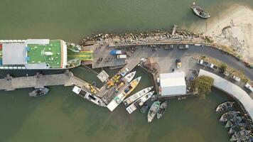 Aerial view of ferry dock in Jepara, Indonesia video