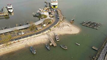 Aerial view of ferry dock in Jepara, Indonesia video
