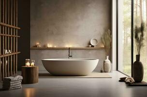AI generated large white bathtubs, a large modern bathroom and a bamboo bathroom photo