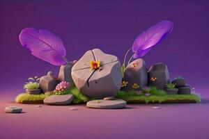 AI generated 3D display podium stone with flowers, green leaves, and rock for Presentation of the product. Pro Photo