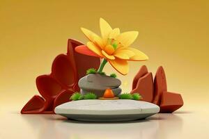 AI generated 3D display podium stone with flowers, green leaves, and rock for Presentation of the product. Pro Photo