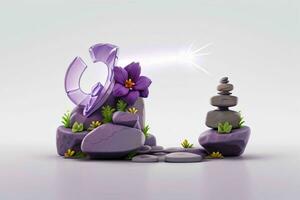 AI generated 3D display podium stone with flowers, green leaves, and rock for Presentation of the product. Pro Photo