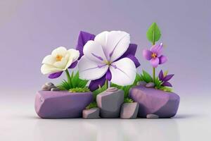 AI generated 3D display podium stone with flowers, green leaves, and rock for Presentation of the product. Pro Photo