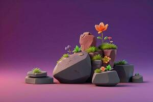 AI generated 3D display podium stone with flowers, green leaves, and rock for Presentation of the product. Pro Photo