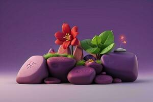 AI generated 3D display podium stone with flowers, green leaves, and rock for Presentation of the product. Pro Photo