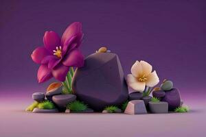 AI generated 3D display podium stone with flowers, green leaves, and rock for Presentation of the product. Pro Photo