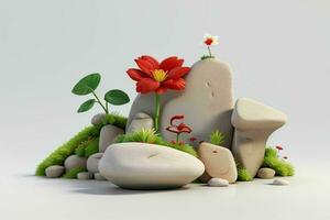 AI generated 3D display podium stone with flowers, green leaves, and rock for Presentation of the product. Pro Photo