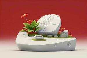 AI generated 3D display podium stone with flowers, green leaves, and rock for Presentation of the product. Pro Photo