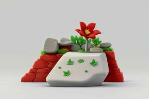 AI generated 3D display podium stone with flowers, green leaves, and rock for Presentation of the product. Pro Photo