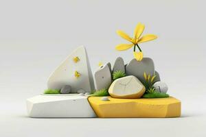 AI generated 3D display podium stone with flowers, green leaves, and rock for Presentation of the product. Pro Photo