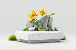 AI generated 3D display podium stone with flowers, green leaves, and rock for Presentation of the product. Pro Photo