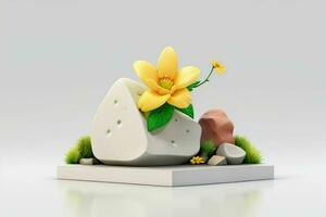 AI generated 3D display podium stone with flowers, green leaves, and rock for Presentation of the product. Pro Photo