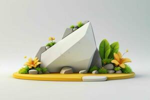 AI generated 3D display podium stone with flowers, green leaves, and rock for Presentation of the product. Pro Photo