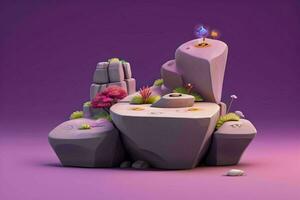 AI generated 3D display podium stone with flowers, green leaves, and rock for Presentation of the product. Pro Photo