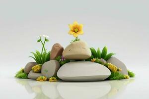 AI generated 3D display podium stone with flowers, green leaves, and rock for Presentation of the product. Pro Photo