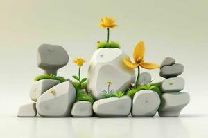 AI generated 3D display podium stone with flowers, green leaves, and rock for Presentation of the product. Pro Photo