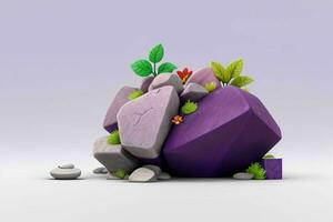 AI generated 3D display podium stone with flowers, green leaves, and rock for Presentation of the product. Pro Photo