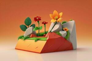 AI generated 3D display podium stone with flowers, green leaves, and rock for Presentation of the product. Pro Photo