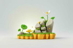 AI generated 3D display podium stone with flowers, green leaves, and rock for Presentation of the product. Pro Photo