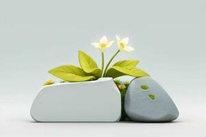 AI generated 3D display podium stone with flowers, green leaves, and rock for Presentation of the product. Pro Photo