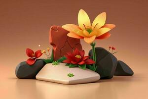 AI generated 3D display podium stone with flowers, green leaves, and rock for Presentation of the product. Pro Photo