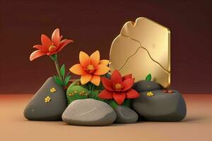 AI generated 3D display podium stone with flowers, green leaves, and rock for Presentation of the product. Pro Photo