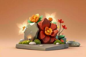 AI generated 3D display podium stone with flowers, green leaves, and rock for Presentation of the product. Pro Photo