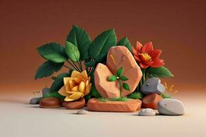 AI generated 3D display podium stone with flowers, green leaves, and rock for Presentation of the product. Pro Photo