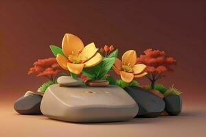 AI generated 3D display podium stone with flowers, green leaves, and rock for Presentation of the product. Pro Photo