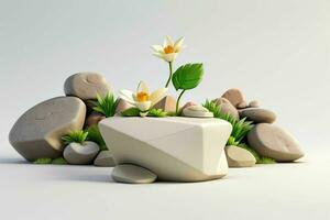 AI generated 3D display podium stone with flowers, green leaves, and rock for Presentation of the product. Pro Photo