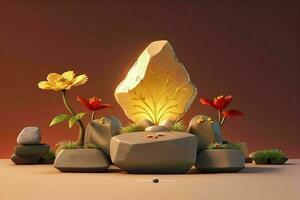 AI generated 3D display podium stone with flowers, green leaves, and rock for Presentation of the product. Pro Photo