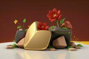 AI generated 3D display podium stone with flowers, green leaves, and rock for Presentation of the product. Pro Photo