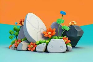 AI generated 3D display podium stone with flowers, green leaves, and rock for Presentation of the product. Pro Photo