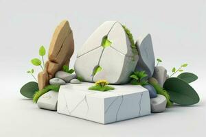 AI generated 3D display podium stone with flowers, green leaves, and rock for Presentation of the product. Pro Photo