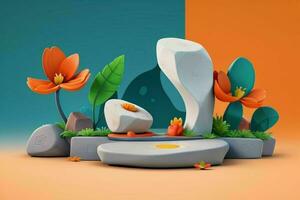 AI generated 3D display podium stone with flowers, green leaves, and rock for Presentation of the product. Pro Photo