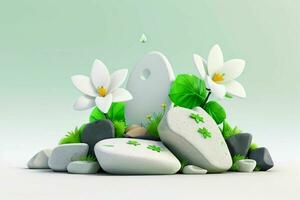 AI generated 3D display podium stone with flowers, green leaves, and rock for Presentation of the product. Pro Photo