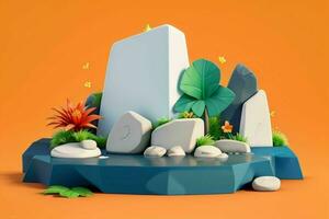 AI generated 3D display podium stone with flowers, green leaves, and rock for Presentation of the product. Pro Photo