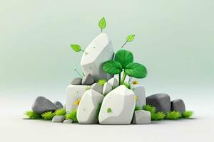 AI generated 3D display podium stone with flowers, green leaves, and rock for Presentation of the product. Pro Photo