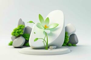 AI generated 3D display podium stone with flowers, green leaves, and rock for Presentation of the product. Pro Photo