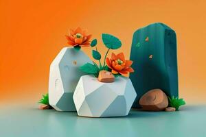 AI generated 3D display podium stone with flowers, green leaves, and rock for Presentation of the product. Pro Photo