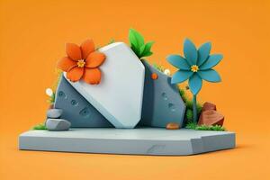 AI generated 3D display podium stone with flowers, green leaves, and rock for Presentation of the product. Pro Photo