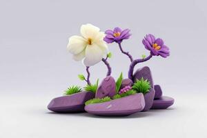 AI generated 3D display podium stone with flowers, green leaves, and rock for Presentation of the product. Pro Photo