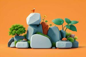 AI generated 3D display podium stone with flowers, green leaves, and rock for Presentation of the product. Pro Photo