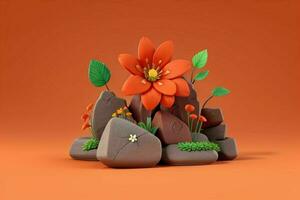 AI generated 3D display podium stone with flowers, green leaves, and rock for Presentation of the product. Pro Photo